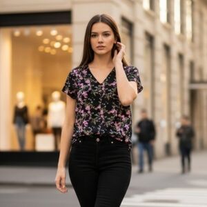 Fortune + Ivy Floral Black Blouse V-Neck Button Accent Flutter Sleeve Sz Medium